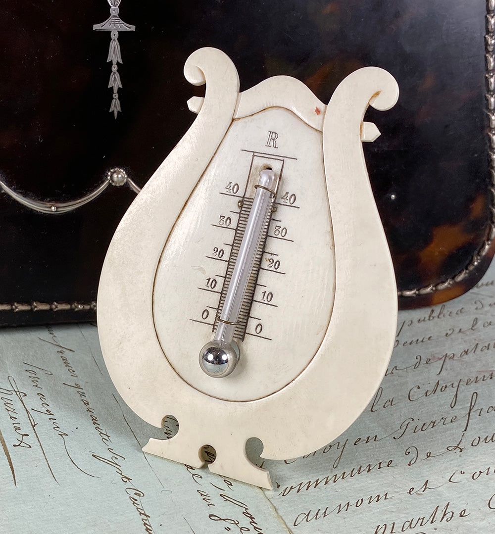 Antique French Centigrade Desk Thermometer, IvoryLyre Form with Easel Stand