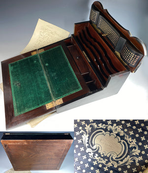 Antique French Ecritoire Writer's Desk, Chest, Inkwells 13+" Napoleon III Era, Ebony, Boulle