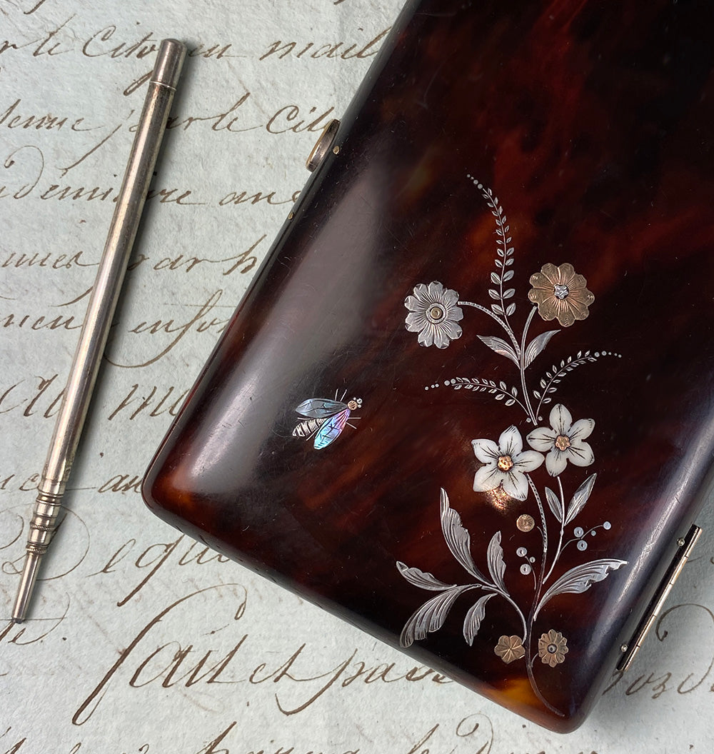 Antique French Aide d' Memoire in Fine Tortoise Shell, c. 1850 - Tortoiseshell, Silver 18k and Amalone Marquetry, Pique
