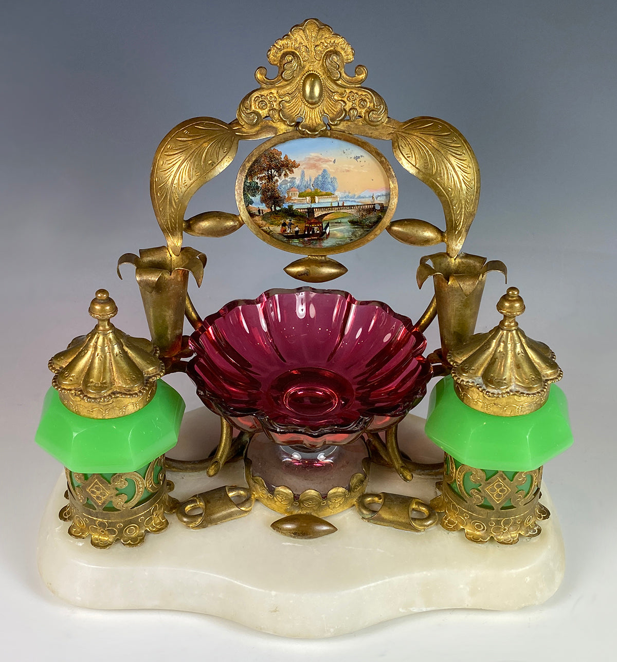 Antique French Opaline, Cranberry Glass, Eglomise Double Inkwell Desk Stand, 1810 French King of Sweden