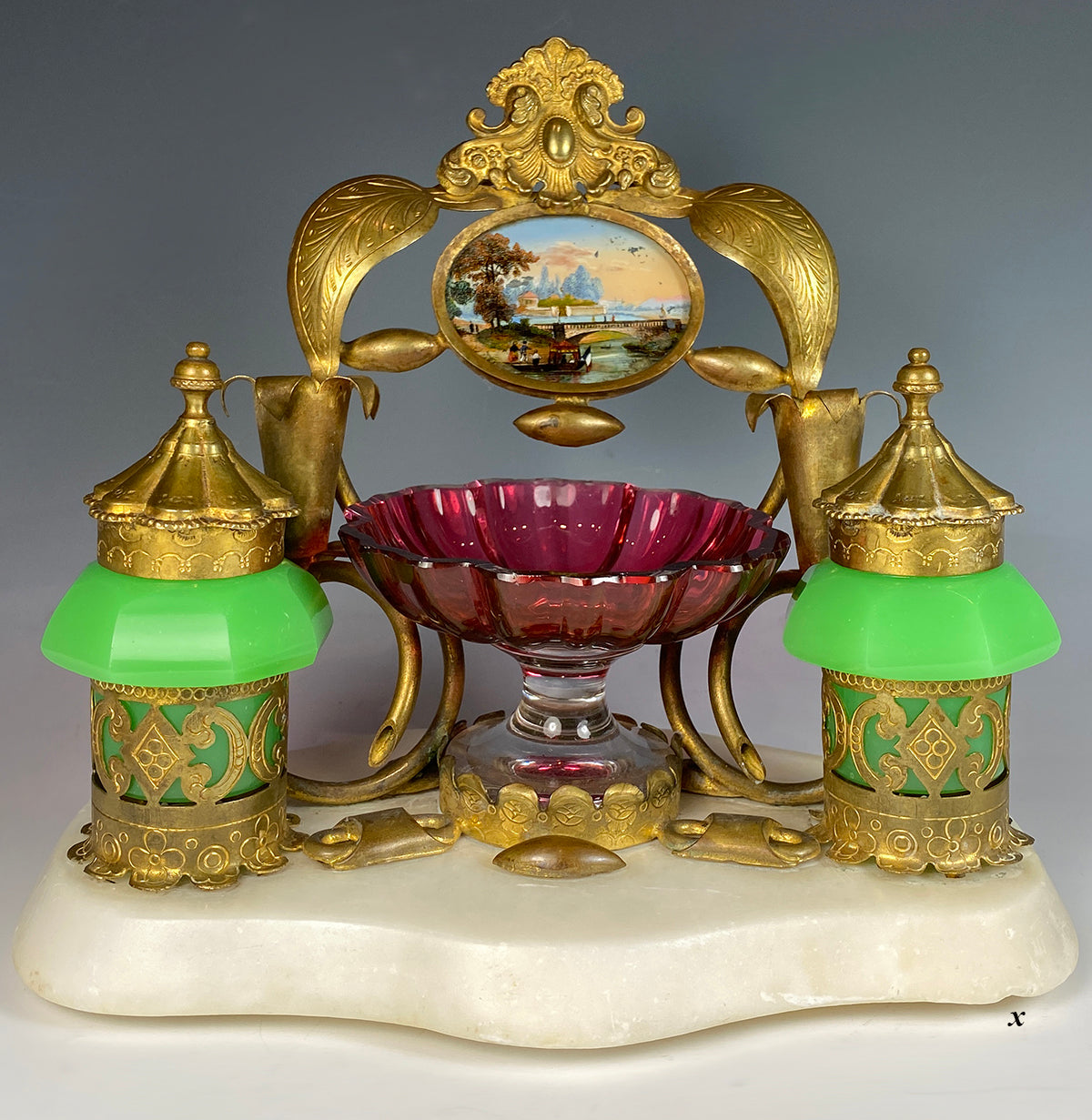 Antique French Opaline, Cranberry Glass, Eglomise Double Inkwell Desk Stand, 1810 French King of Sweden