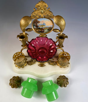 Antique French Opaline, Cranberry Glass, Eglomise Double Inkwell Desk Stand, 1810 French King of Sweden