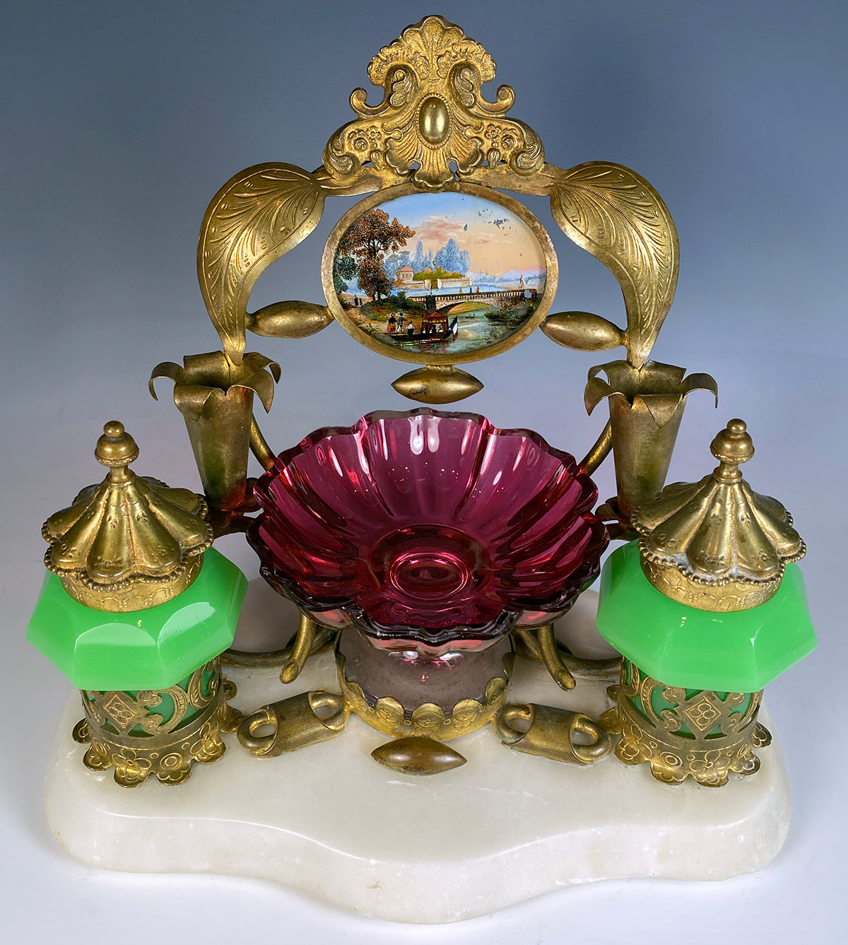 Antique French Opaline, Cranberry Glass, Eglomise Double Inkwell Desk Stand, 1810 French King of Sweden