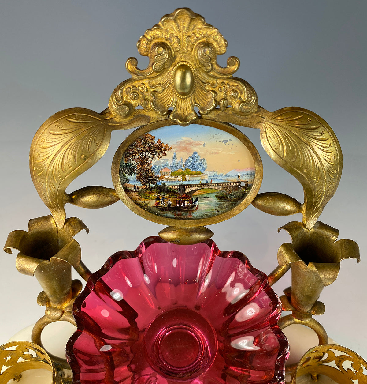 Antique French Opaline, Cranberry Glass, Eglomise Double Inkwell Desk Stand, 1810 French King of Sweden