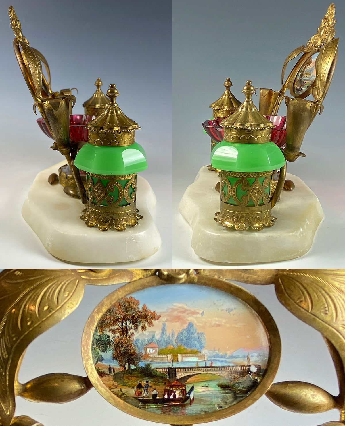 Antique French Opaline, Cranberry Glass, Eglomise Double Inkwell Desk Stand, 1810 French King of Sweden