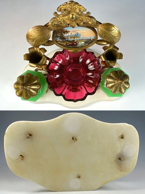 Antique French Opaline, Cranberry Glass, Eglomise Double Inkwell Desk Stand, 1810 French King of Sweden