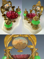 Antique French Opaline, Cranberry Glass, Eglomise Double Inkwell Desk Stand, 1810 French King of Sweden