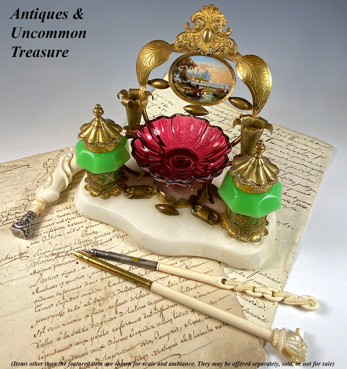 Antique French Opaline, Cranberry Glass, Eglomise Double Inkwell Desk Stand, 1810 French King of Sweden