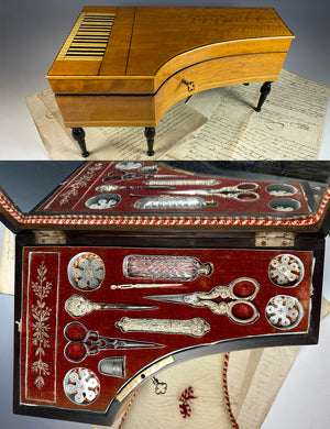 Antique French Palais Royal Sewing Chest, 11 3/4" Long Piano, Harpsichord, Clavichord, Mother of Pearl, Sterling Silver c.1810