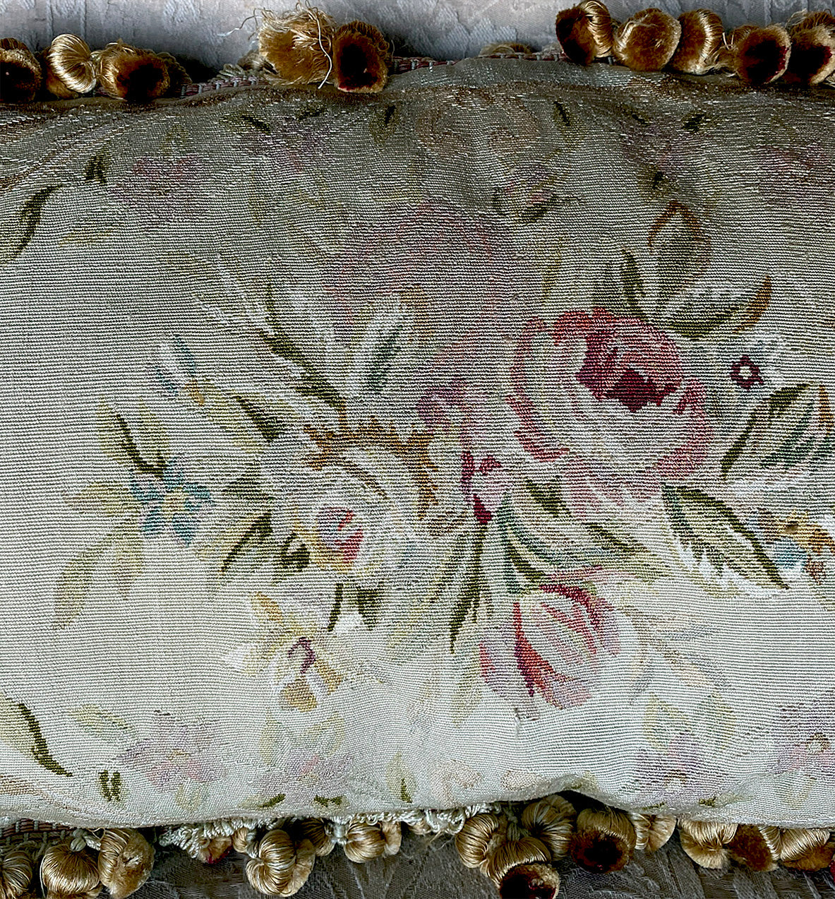 Antique French Aubusson Tapestry Panel Made into Down, Feather Fill Throw Pillow, Fringe