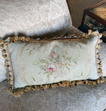 Antique French Aubusson Tapestry Panel Made into Down, Feather Fill Throw Pillow, Fringe