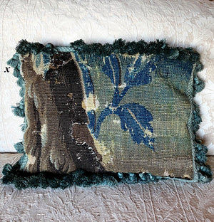 Antique 17th c. Verdure Flemish Tapestry Fragment made into Shabby Chic Throw Pillow