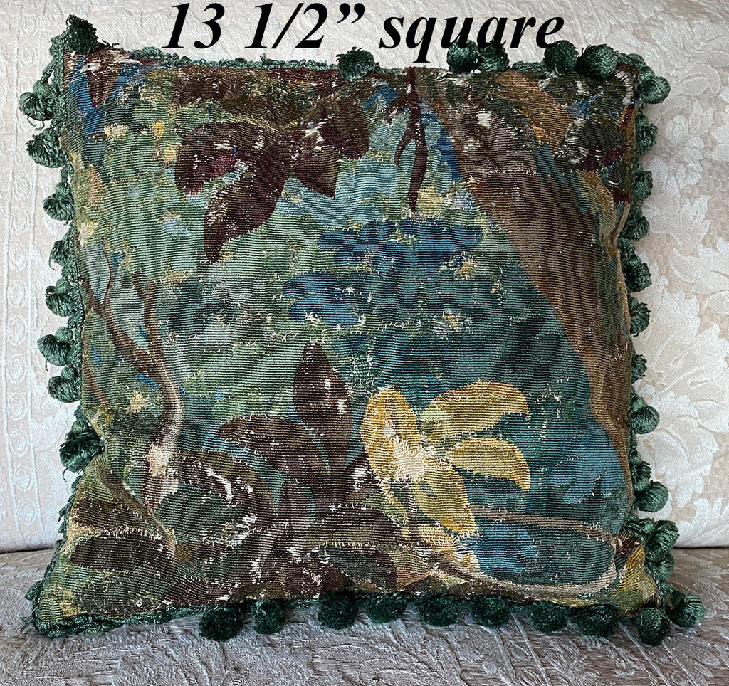 Antique Flemish of French Verdure Tapestry Panel Salvage Throw Pillow 13.5" Square plus Fringe