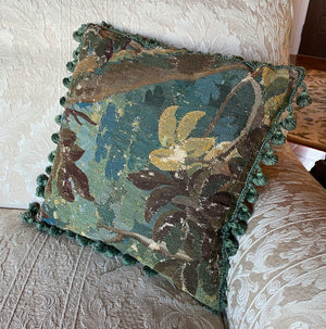 Antique Flemish of French Verdure Tapestry Panel Salvage Throw Pillow 13.5" Square plus Fringe