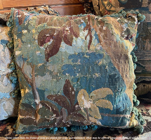 Antique Flemish of French Verdure Tapestry Panel Salvage Throw Pillow 13.5" Square plus Fringe