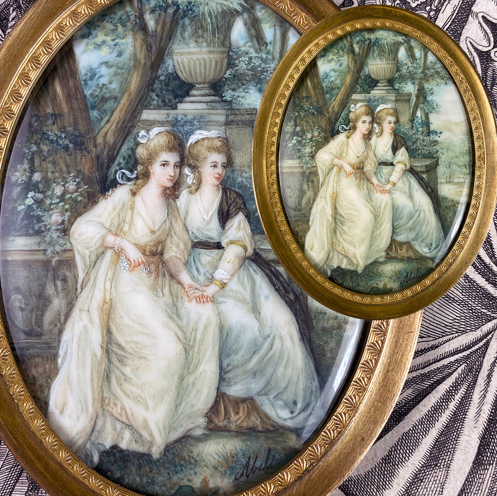 Superb Antique French Portrait Miniature, 2 Women in Landscape, Artist Signed, Faces are 1/4"!