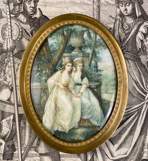 Superb Antique French Portrait Miniature, 2 Women in Landscape, Artist Signed, Faces are 1/4"!