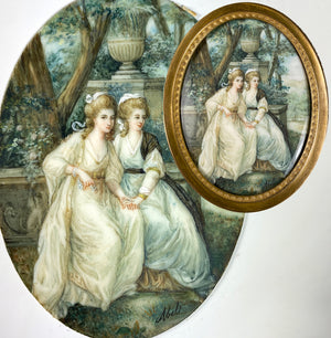 Superb Antique French Portrait Miniature, 2 Women in Landscape, Artist Signed, Faces are 1/4"!