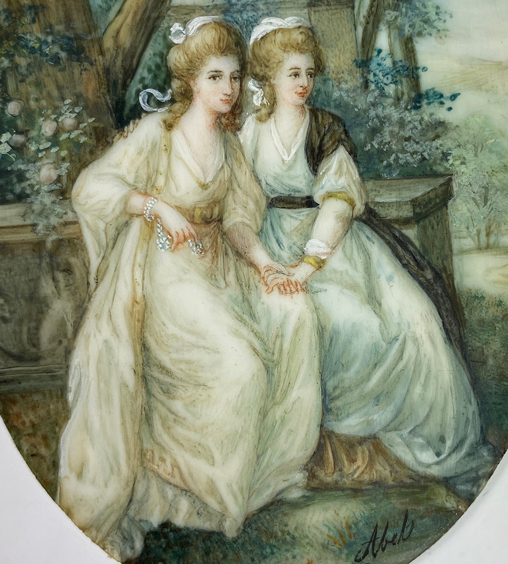 Superb Antique French Portrait Miniature, 2 Women in Landscape, Artist Signed, Faces are 1/4"!