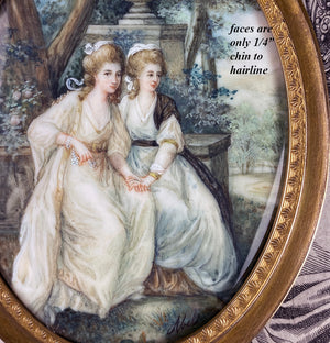 Superb Antique French Portrait Miniature, 2 Women in Landscape, Artist Signed, Faces are 1/4"!