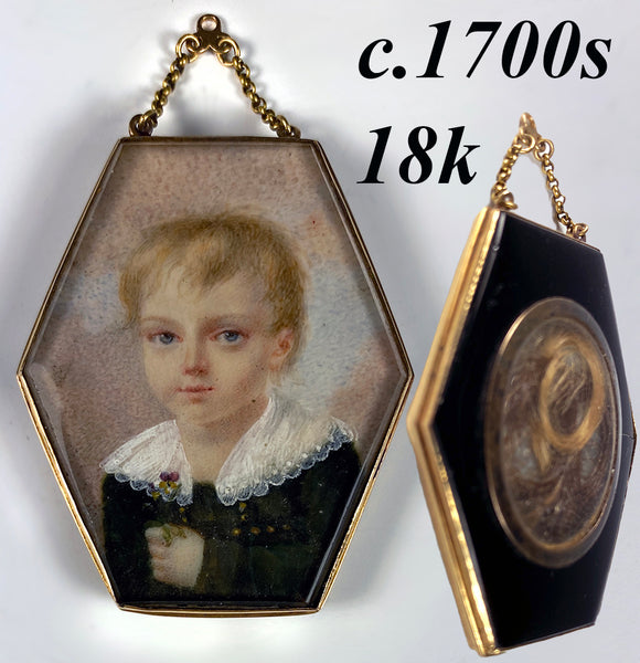 RARE French Portrait Miniature of a Boy, Child, 18k Gold Frame Locket Back, Mourning w Hair Art