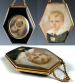 RARE c.1700s French Portrait Miniature of a Boy, Child, 18k Gold Frame Locket Back, Mourning w Hair Art