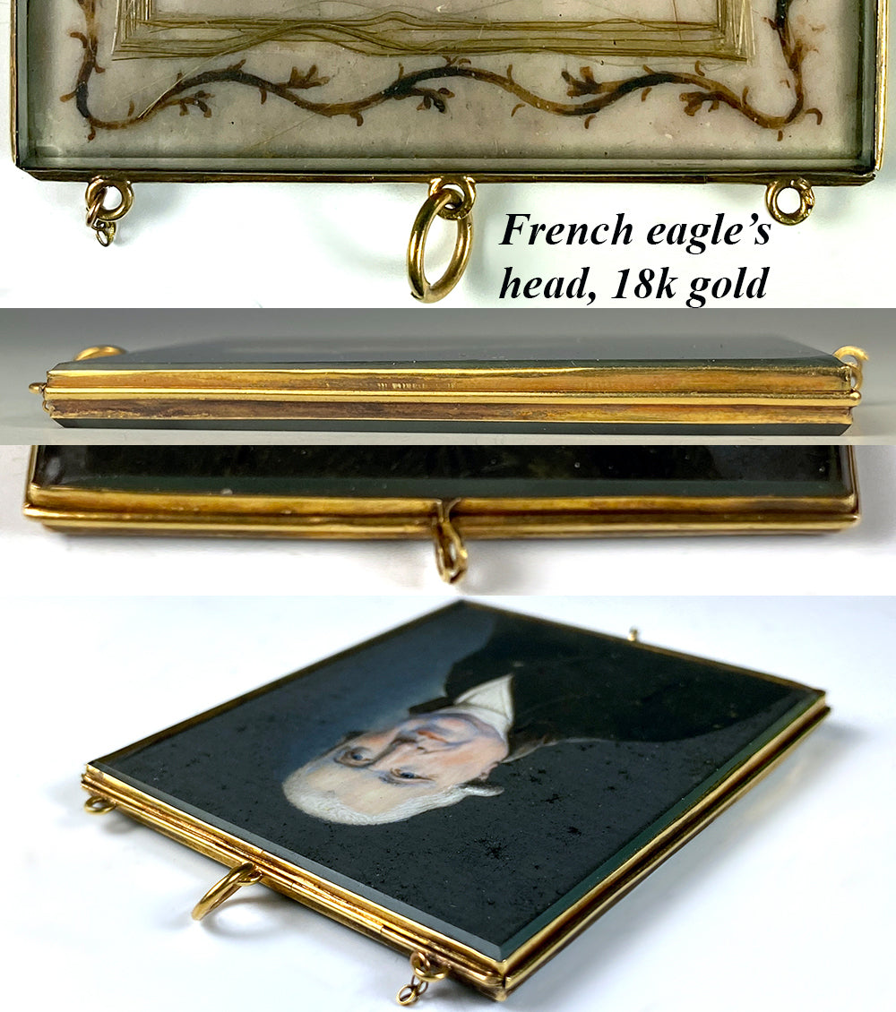 RARE c. 1700s French Portrait Miniature, 18k Gold Frame, Pendant, Hair Art Mourning, Artist Signed