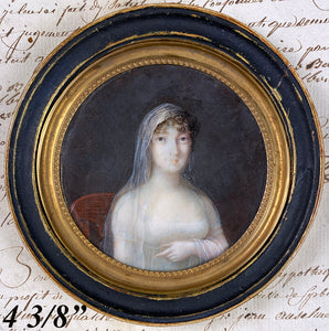 Superb Antique French Portrait Miniature, Beautiful Woman in White Etherial Gown and Veil, Possibly Vienna