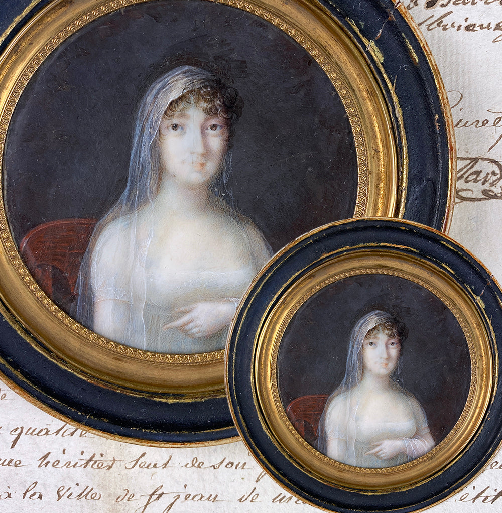 Superb Antique French Portrait Miniature, Beautiful Woman in White Etherial Gown and Veil, Possibly Vienna