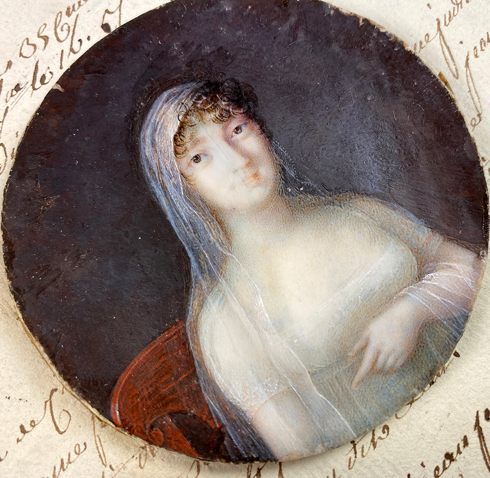 Superb Antique French Portrait Miniature, Beautiful Woman in White Etherial Gown and Veil, Possibly Vienna