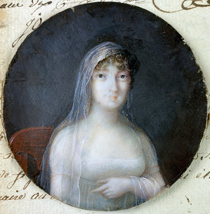 Superb Antique French Portrait Miniature, Beautiful Woman in White Etherial Gown and Veil, Possibly Vienna