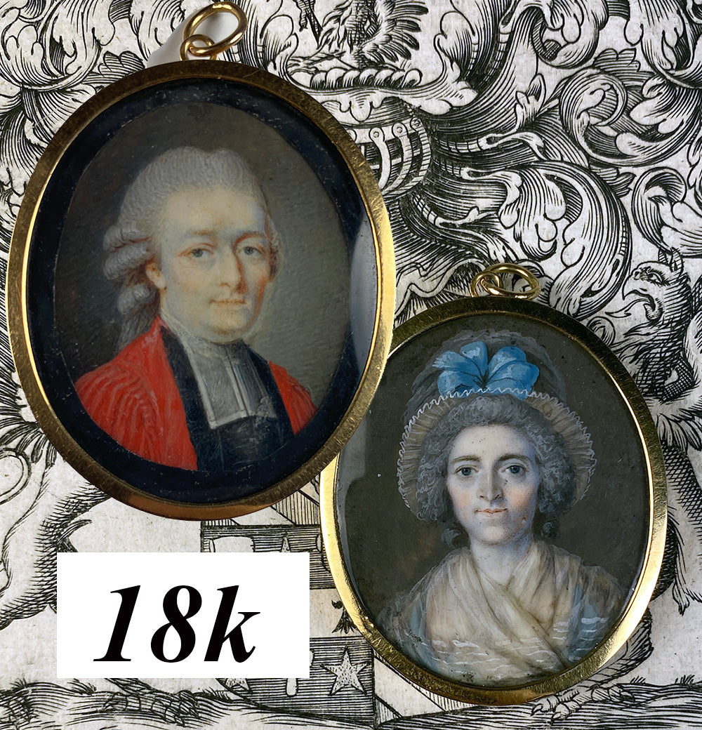 Fine 18k Gold Locket Frame, 2 French Portrait Miniatures, Magistrate and His Wife, c.1750-70