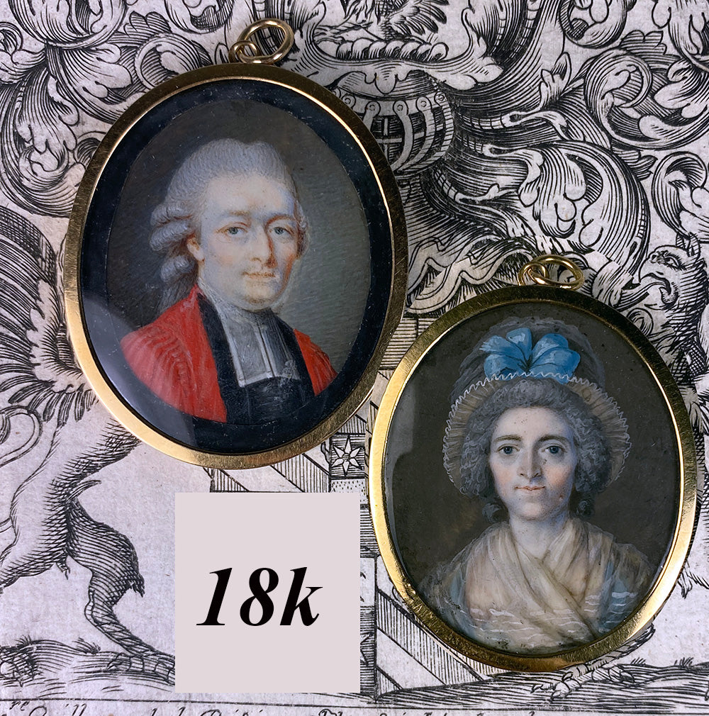 Fine 18k Gold Locket Frame, 2 French Portrait Miniatures, Magistrate and His Wife, c.1750-70