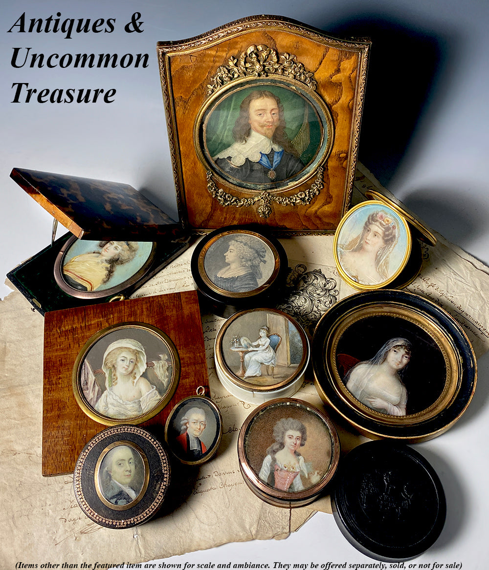 Tiniest French Empire Portrait Miniature, Ivory Snuff Box, Interior Scene with Painting, Furniture