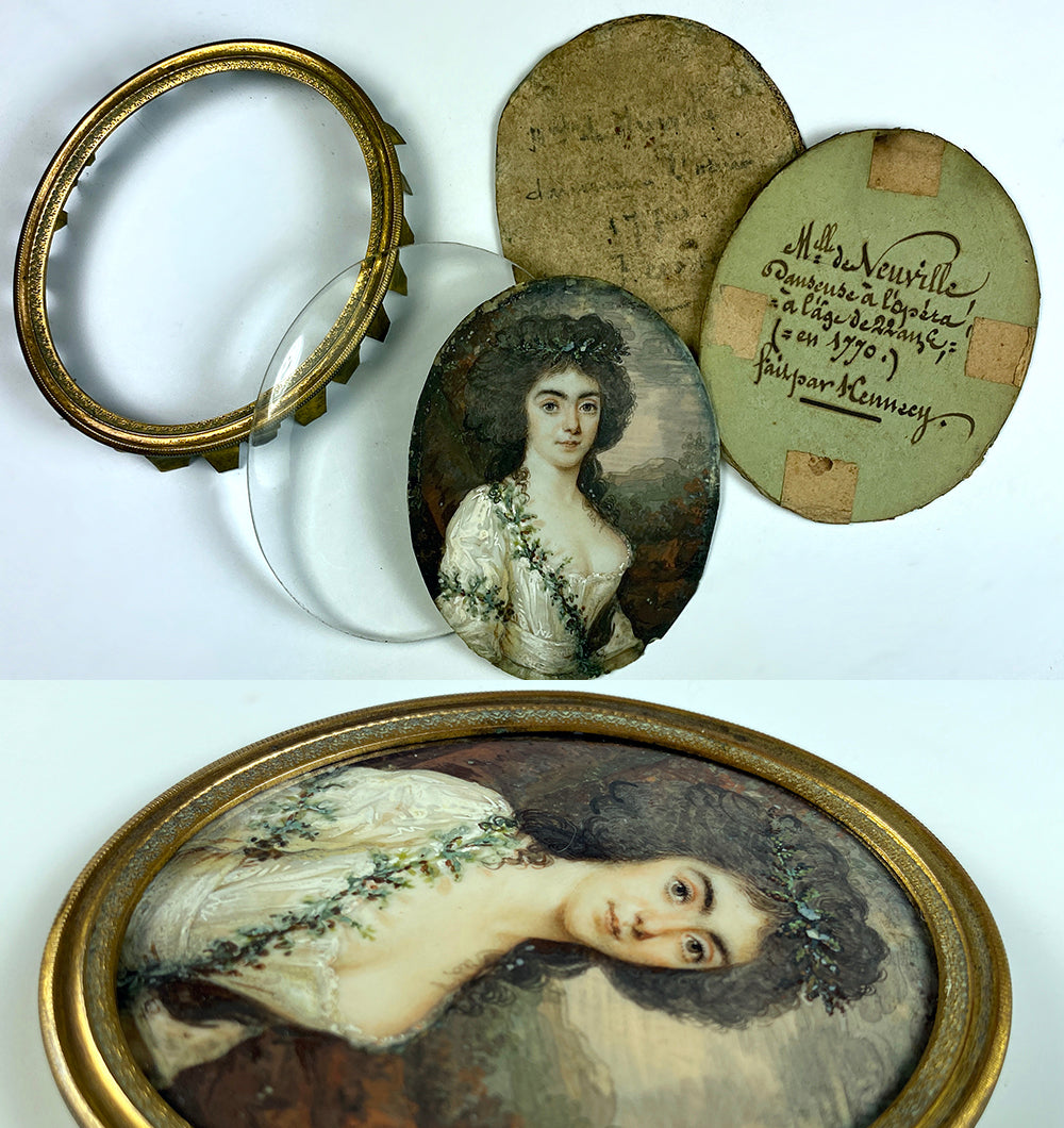 RARE Antique c.1770 Artist-signed Portrait Miniature, a Dancer of the Paris Opera, Mlle. d' Neuville