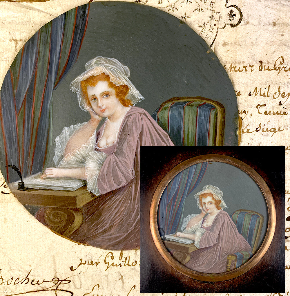 Antique French "Naughty" Portrait Miniature, Redhead Beauty Interior Composition, c.1790-1800