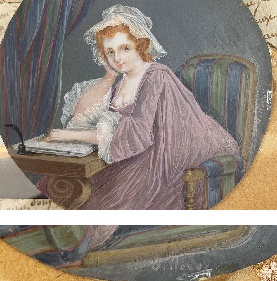 Antique French "Naughty" Portrait Miniature, Redhead Beauty Interior Composition, c.1790-1800