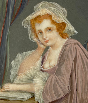 Antique French "Naughty" Portrait Miniature, Redhead Beauty Interior Composition, c.1790-1800