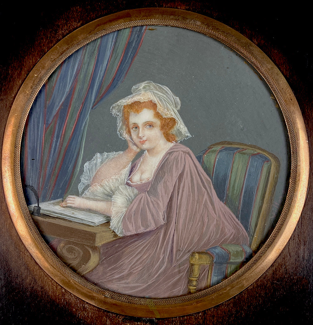 Antique French "Naughty" Portrait Miniature, Redhead Beauty Interior Composition, c.1790-1800