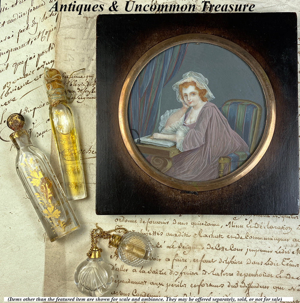 Antique French "Naughty" Portrait Miniature, Redhead Beauty Interior Composition, c.1790-1800