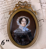 Superb Antique French c.1843 Portrait Miniature, Signed C. Noël, 6" Bronze Frame Bow Top