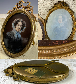 Superb Antique French c.1843 Portrait Miniature, Signed C. Noël, 6" Bronze Frame Bow Top