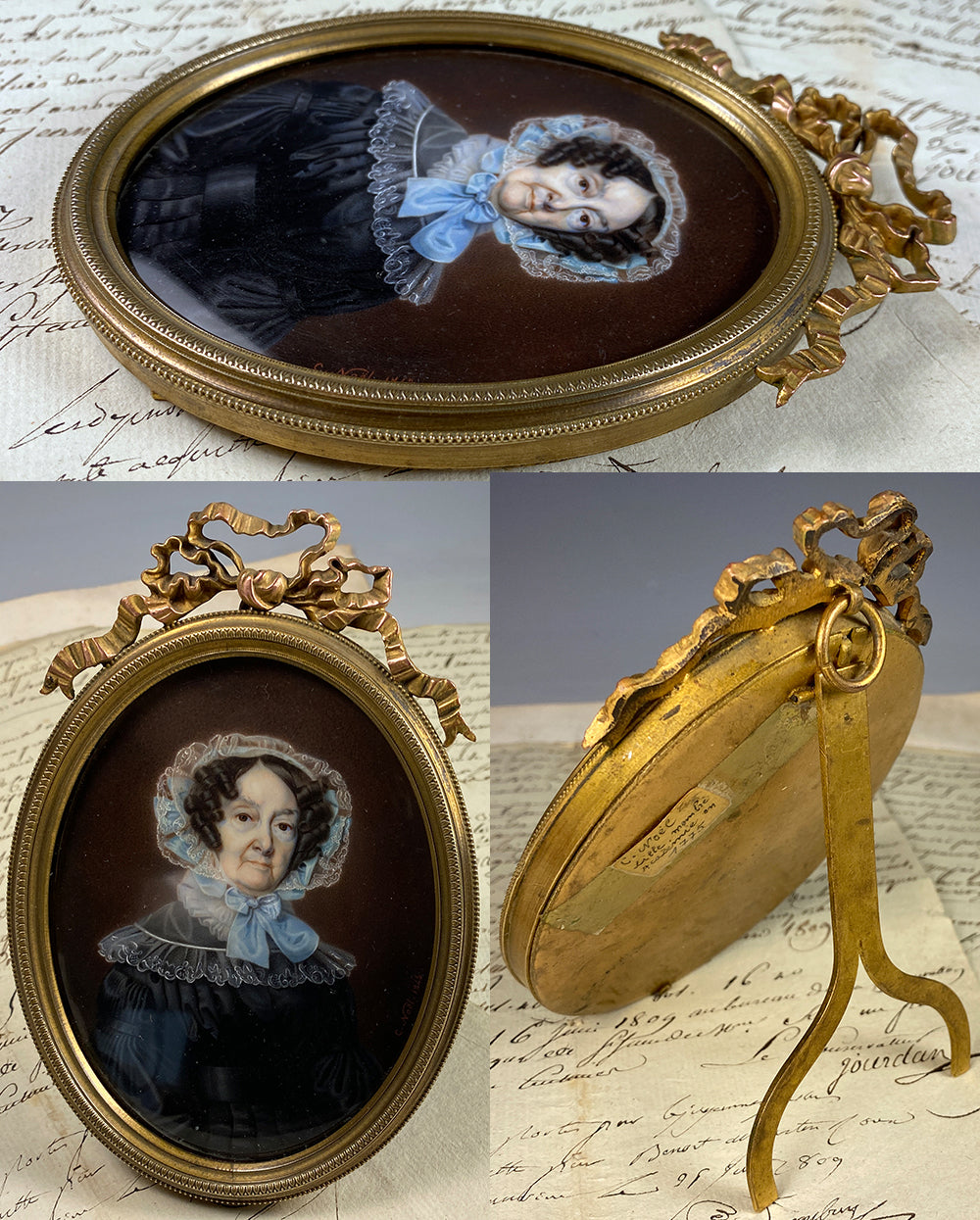 Superb Antique French c.1843 Portrait Miniature, Signed C. Noël, 6" Bronze Frame Bow Top