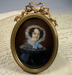 Superb Antique French c.1843 Portrait Miniature, Signed C. Noël, 6" Bronze Frame Bow Top