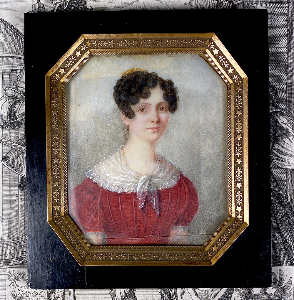 Antique French Portrait Miniature, Empire to Restauration Era, c.1815-25, Beautiful Woman w Tiara, Fichu