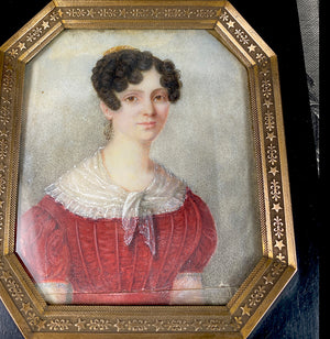 Antique French Portrait Miniature, Empire to Restauration Era, c.1815-25, Beautiful Woman w Tiara, Fichu