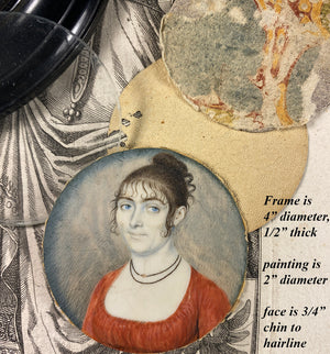 Antique French Empire Portrait Miniature, Beautiful Blue-eyed Woman in Red Gown c. 1810