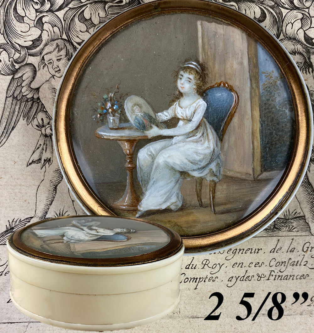 Tiniest French Empire Portrait Miniature, Ivory Snuff Box, Interior Scene with Painting, Furniture