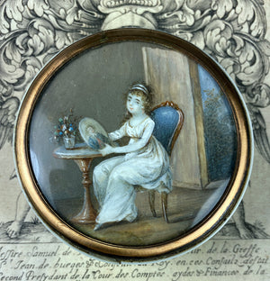 Tiniest French Empire Portrait Miniature, Ivory Snuff Box, Interior Scene with Painting, Furniture