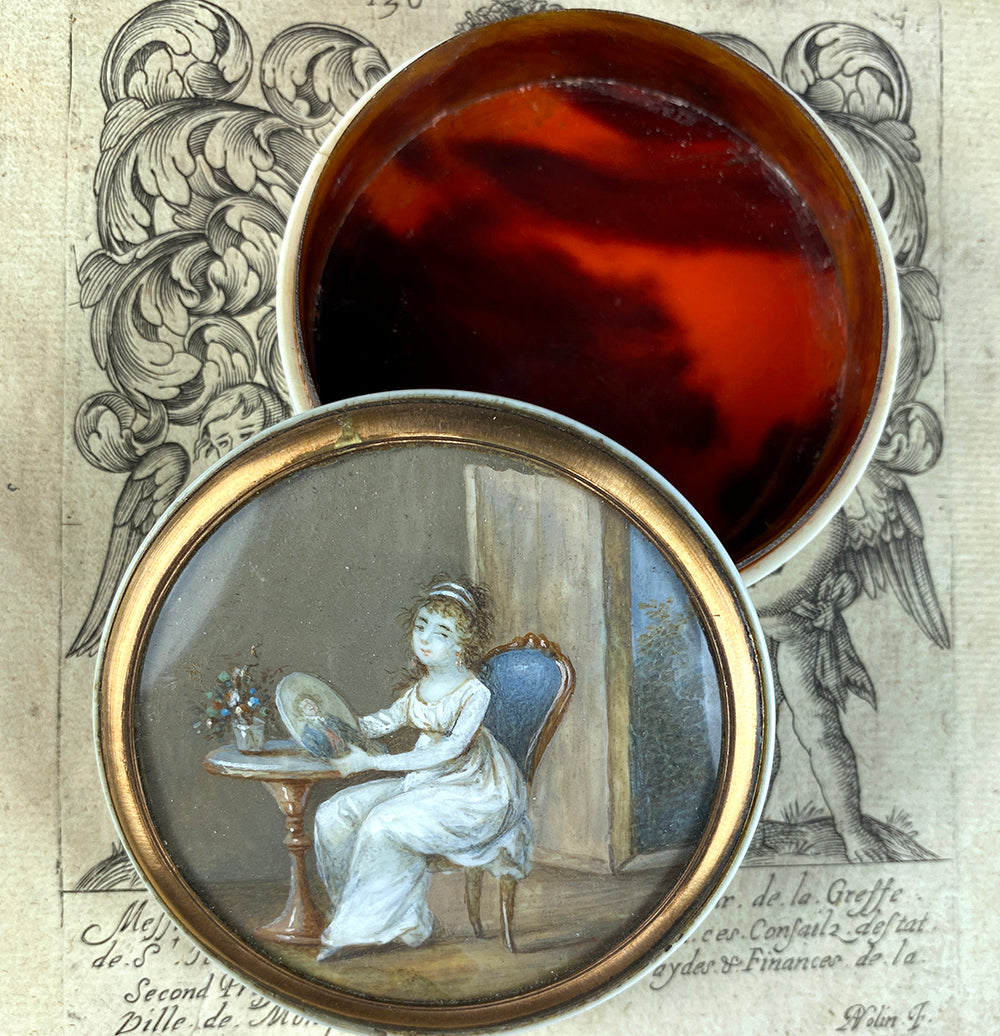 Tiniest French Empire Portrait Miniature, Ivory Snuff Box, Interior Scene with Painting, Furniture